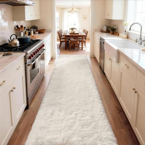 Ophanie Runner Rug for Hallway,2.5x12 Washable Non-Slip Fluffy Soft Bedside Rugs,Bedroom Living Room Shaggy Carpet for Kids Girls Boys Dorm Nursery Decor Aesthetic,Ivory with Over 99 pcs Pile fibers - Image 3