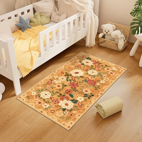 DUKINO 2x4 Entryway Rug, Floral Washable Kitchen Rugs Non Slip, Orange - Image 6