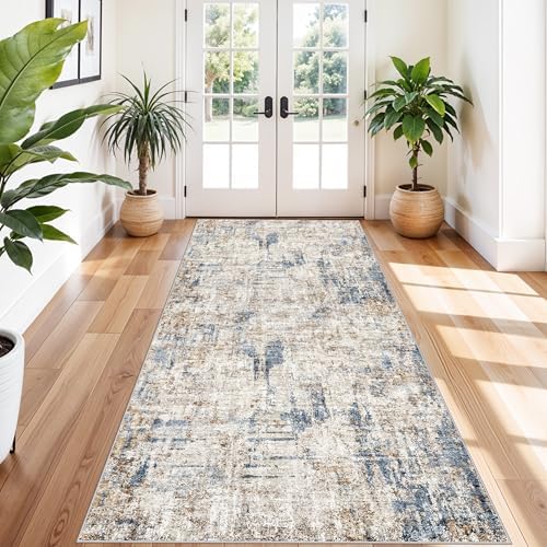 4x12 Wide Hallway Runner Rug – Non-Slip Washable Rubber-Backed Large Carpet Runner for Kitchen, Entryway, Bathroom, Modern Abstract Low-Pile Thin Floor Mat for Living Room, Dining Room (Blue/Brown) by ZHXXUJ