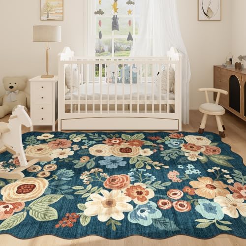 DUKINO 5x7 Area Rugs for Bedroom Floral Washable Rug Non Slip Prussian Blue - Image 3