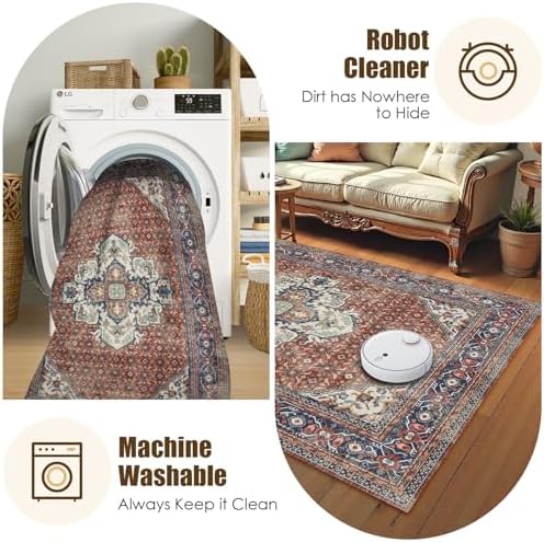 Washable Area Rug 8' x 10' Vintage Traditional Persian Mat - Foldable Distressed Non-Slip Machine Washable Carpet for Living Room Bedroom Kitchen Home Decor - Terracotta and Navy - Image 7