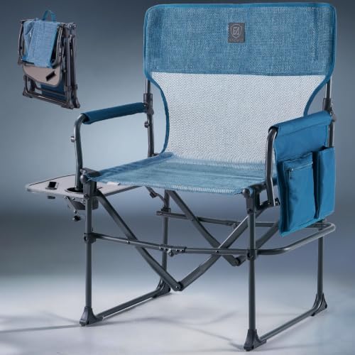 EVER ADVANCED Camping Directors' Chair with Side Table, Portable Folding with Compact Size, Breathable & Quick Dry Design Heavy Duty Lawn Chair with Pocket, 400lbs, Elastic Mesh, Blue by EVERADVANCED