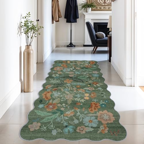 Hallway 3x6 Washable Runner Rug - Indoor Floral Scalloped Kitchen Entryway Low Pile Carpet Soft Non Slip Floor Mat for Bathroom Living Room Bedroom Elegant Home Decor(3x6 Floral/Green) by HYHAOYUNLAI