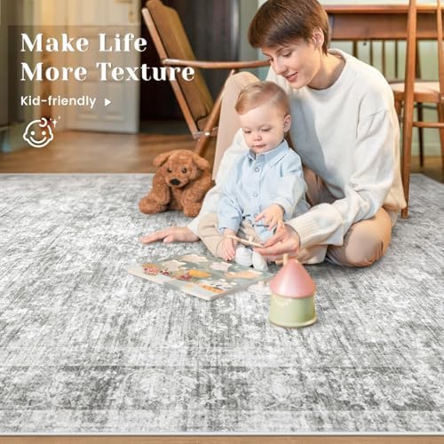 10x14 Area Rugs for Living Room: Washable Large Vintage Floral Rug Low Pile Non-Slip Boho Carpet for Bedroom Dining Home Office (Grey, 10'x14') - Image 3