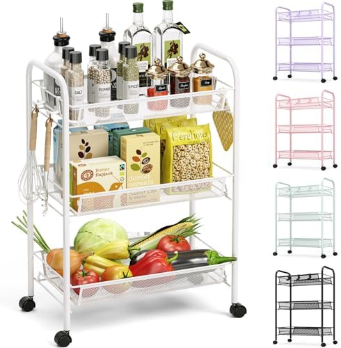 TOOLF 3 Tier Rolling Cart, Metal Utility Storage Cart with Wheels, White | 3 Hooks, Screwless Assembly, Trolley Organizer for Bathroom, Kitchen, Office, Nursery, Dorm, Laundry Room by TOOLF