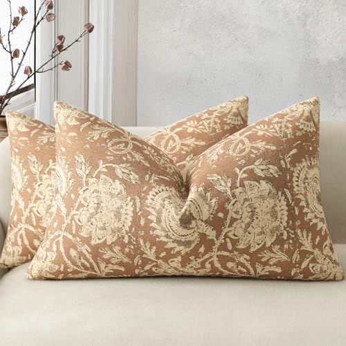 Vintage Floral Print Throw Pillow Covers 12x20 Set of 2 Neutral Modern Farmhouse Pillow Cases Accent Decorative Cushion Covers Boho Home Decor for Couch Sofa Chair Bed Living Room, Cognac by DKwizme