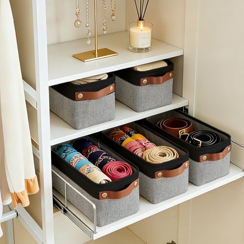 Bagnizer Small Fabric Storage Baskets, 15x6x5 inch Narrow Storage Bins 4-Pack Long Storage Basket for Organizing with Handles, Decorative Basket for Closets, Shelves, Toilet Paper, Grey - Image 3