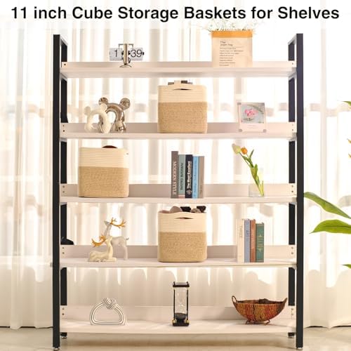 11 Inch Cube Storage Bins, 11x11 Organization Bins for Cube Organizer, Square Cloth Storage Cubes, Woven Storage Baskets for Shelves, Toy Baskets Storage Kids, Off White & Brown (Pack of 3) - Image 3