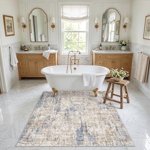 5x5 Square Entryway Rug Washable – Non-Slip Small Area Rug for Kitchen or Bathroom, Soft Low-Pile Indoor Mat, Modern Abstract Thin Door Carpet (Blue Brown) - Image 4