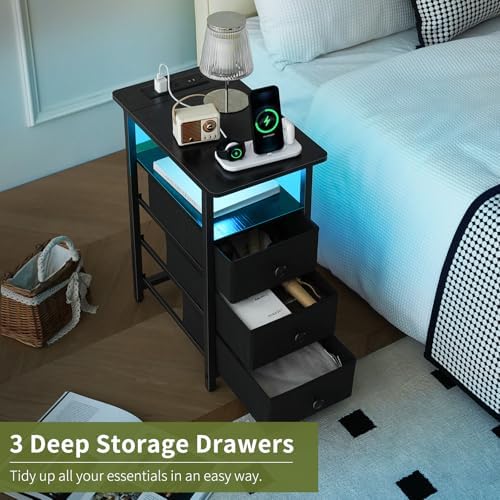 Yoobure End Table with Charging Station, LED Narrow Side Table Bedside Table, Small Night Stand End Tables Living Room, Skinny Nightstand with 3 Fabric Drawers, Side Tables Bedroom for Small Spaces - Image 6