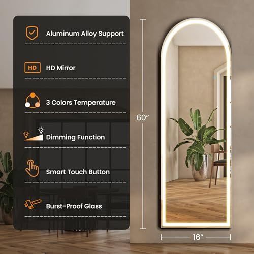 LED Arched Full Length Mirror, 63" L x 20" W Full Standing Mirror - Image 2