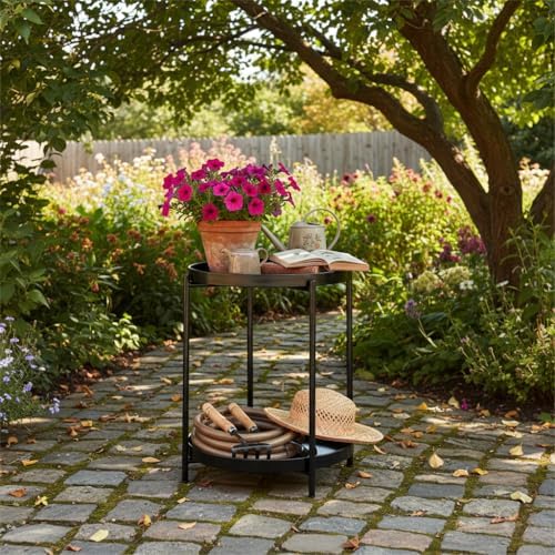 danpinera 2-Tier Round Side Table, Metal End Table with Removable Tray, Small Outdoor Table Accent Table, Anti-Rust Black Nightstand for Bedroom Balcony Patio (Black) - Image 2