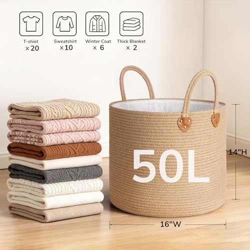 CHICVITA 50L Blanket Basket Living Room, Wicker Laundry Baskets for Home Decor, Baby Toy Basket with Handles, Large Nursery Hamper for Blankets Towels Clothes, 16" X 16" X 14", Jute Brown - Image 6