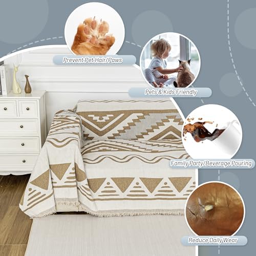 MYSKY HOME Boho Couch Cover for Dogs Washable Khaki Rhombic Couch Sofa Protector for Loveseat Sofa with Pets Friendly Chenille Geometric Sofa Covers Soft Durable Farmhouse Sofa Slipcovers, 71" X102" - Image 4