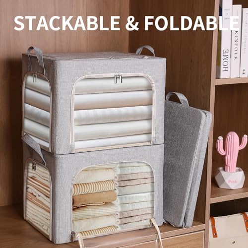 combocube 3-Side Zippered Openings Clothes Storage Bins with Thick Metal Frame, Stackable & Foldable Clothing Storage Bins with Lid, Linen Fabric Closet Storage Box with Large Clear Window, 3 Pack - Image 3