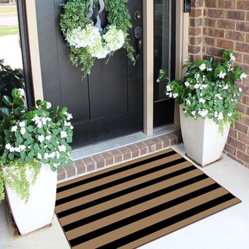 Front Door Mat Indoor Outside Entrance 2x3 Black Tan Striped Rug - Image 4