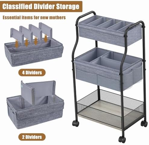 3-Tier Baby Diaper Caddy Organizer and Storage Cart, Mobile Metal Utility Cart with Rolling Wheels for Nursery Essentials with 4+2 Dividers, Large Capacity Rolling Cart For Bedroom, Bathroom, Nursery - Image 3