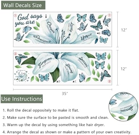 Yovkky Lily Flower Religious Inspirational Quote Wall Decals Stickers | Motivational God Says You are Teal Floral Butterfly Home Bedroom Decor, Positive Living Room Kitchen Decorations Art - Image 2
