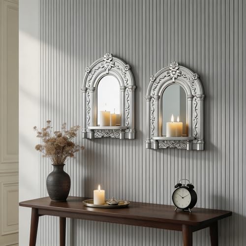 2 Set Vintage Candle Wall Sconce for Home Decor Living Room Bedroom Office Wood Antique Mirrored Victorian Mounted Candlestick Wall Holder Relief Hanging Decor -Silver 11.8in by sxnzequnze