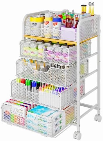 5-Tier Craft Organizer Cart with 5 Sets of DIY Dividers,Craft Organizers and Storage with Drawers,Lockable Wheels Rolling Utility Cart on Wheels,Art Supply Organizer,Ideal for Studio,Office,White by FollowWithYociyogaTogether