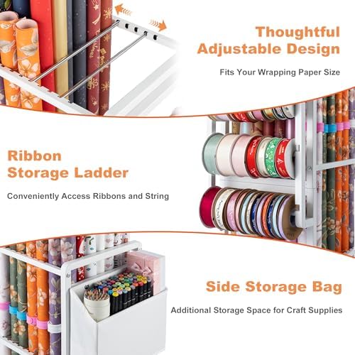 Aquzee Gift Wrapping Paper Organizer Storage, Rolling Gift Wrap Storage Stand, Vertical Wrapping Paper Storage Cart, Ribbon Organizers, 12 PCS Slap Bracelets, Adjustable Rod Design, White - Image 5