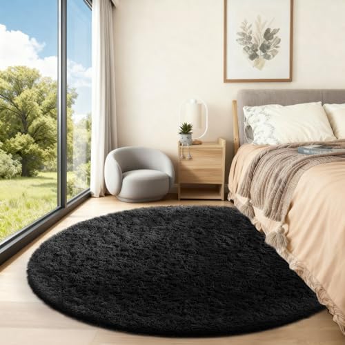 Ophanie Round Rug 5Ft Black Circle Area Rug, Room Decor for Men, Fluffy Fuzzy Bedroom Carpet, Plush Soft Shaggy Living Room Rugs for Kids Home Aesthetic, Nursery with Over 99 pcs Pile fibers - Image 5
