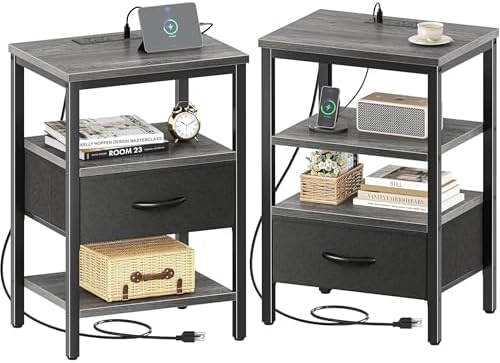 SUPERJARE Nightstand Set of 2 with Charging Station, USB-C Port, End Tables by SUPERJARE