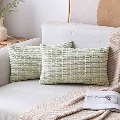 MIULEE Lumbar Corduroy Decorative Throw Pillow Covers 12x20 Light Green by MIULEE