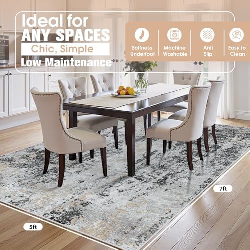 5x7 Area Rugs for Living Room Washable Bedroom Dining Room Black Grey Gold - Image 2