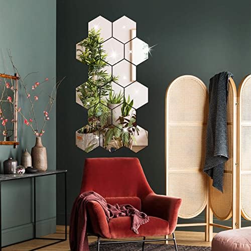 DIY Wall Decals Acrylic Mirror Sticker Set 12 Pcs, Hexagon Mirror Wall Stickers for Living Room Bedroom Decor (Silver) - Image 2