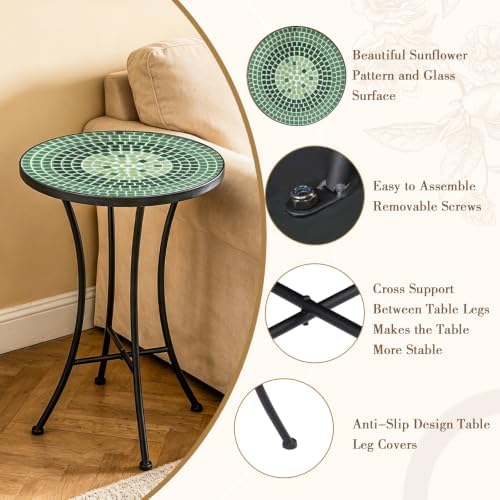 MUMTOP 14" Mosaic Outdoor Side Table, Small Round Patio Accent Table,Green - Image 4