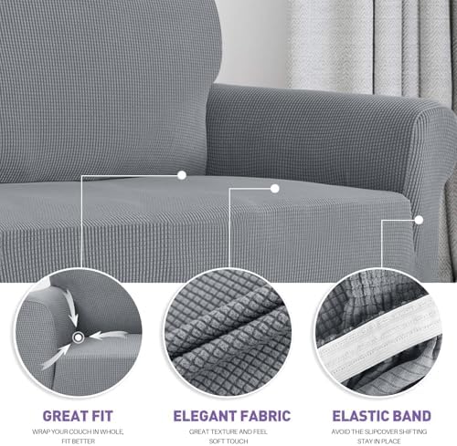 ZNSAYOTX Super Stretch Couch Cover Love Seat Sofa Covers for Living Room Dogs Pet Friendly Furniture Protector Spandex Loveseat Slipcovers with Anti Slip Foam Sticks (Light Grey, Loveseat) - Image 3