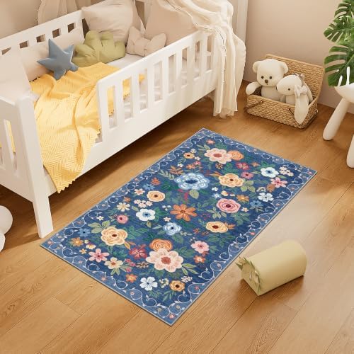 DUKINO 2x4 Entryway Rug, Floral Washable Kitchen Rugs Non Slip, Blue - Image 5