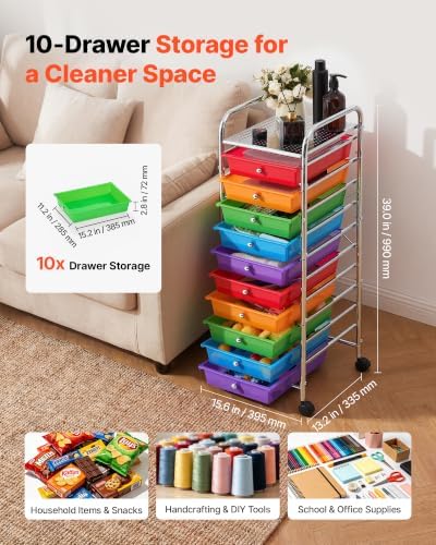 VEVOR Rolling Cart with Drawers, 10 Drawer Storage Organizer, Mobile Utility Cart with Steel Frame, Universal Casters & 2 Brakes, Great for Office, Classroom, Craft Tools, Garage, Studio, Rainbow - Image 2