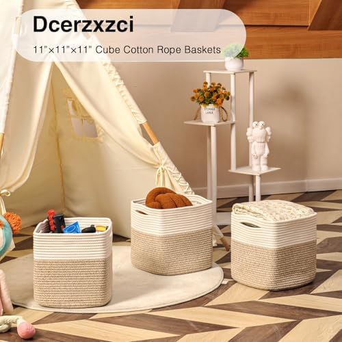 11 Inch Cube Storage Bins, 11x11 Organization Bins for Cube Organizer, Square Cloth Storage Cubes, Woven Storage Baskets for Shelves, Toy Baskets Storage Kids, Off White & Brown (Pack of 3) - Image 6