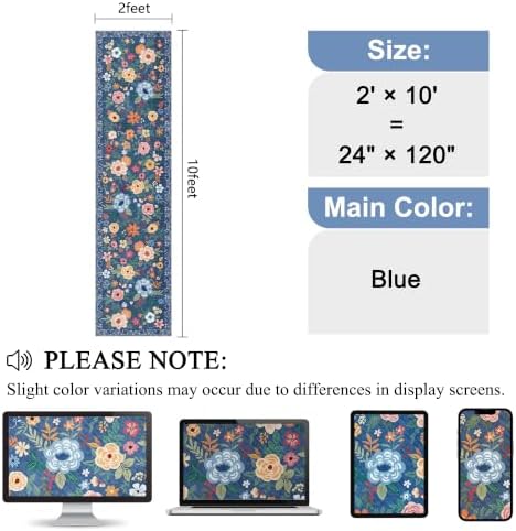 DUKINO 2x10 Runner Rug, Floral Washable Kitchen Runner Rug Non Slip, Blue - Image 2