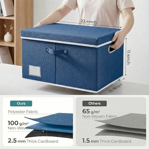 PRANDOM Storage Bins with Lids [3-Pack] Linen Fabric Foldable Storage Boxes Organizer Containers Baskets Cube with Cover for Bedroom Closet Office Royal Blue(23.4X15.9X11.4) - Image 3
