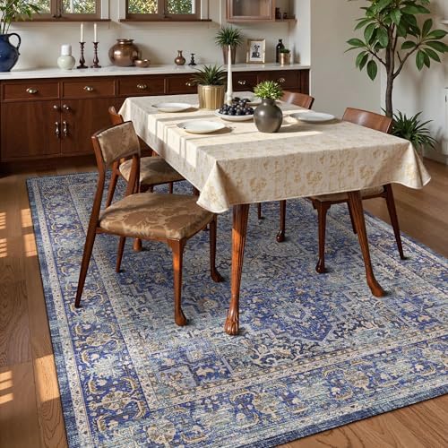 Washable Area Rug 3' x 5 ' Vintage Traditional Persian Mat - Foldable Distressed Non-Slip Machine Washable Carpet for Living Room Bedroom Kitchen Home Decor - Indigo and Gold - Image 3