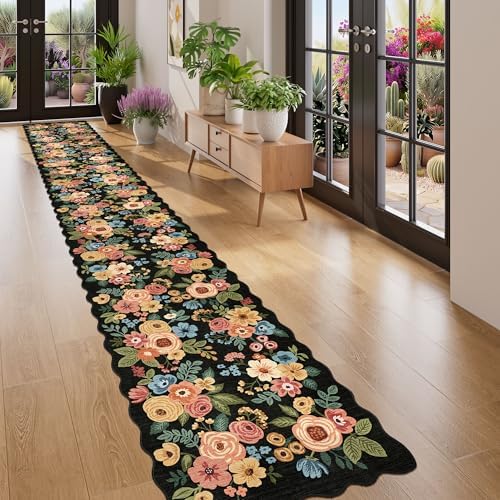 DUKINO 2x14 Hallway Runner Rug, Floral Washable Kitchen Rug, Black - Image 5