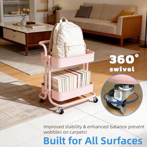 2 Tier Short Rolling Cart with Wheels All-Metal Pink Pantry Storage for Kitchen,Under Desk Trolley with Handle Small Wheeled Storage Cart for Laundry Room Bathroom, Under Table Small Space - Image 6
