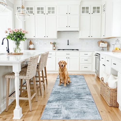 3x6 Washable Wide Runner Rug – Non-Slip Floor Carpet Runner for Kitchen Entryway Hallway Bathroom, Modern Abstract Low Pile Thin Area Rug (Blue Grey) - Image 2