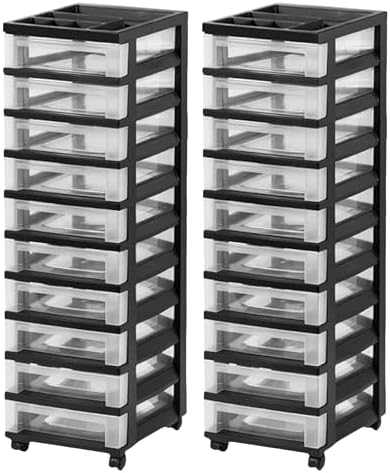 IRIS USA 2 Pack 10-Drawer Plastic Storage Rolling Organizer Cart with Caster Wheels for Laundry Room, Bathroom, or Closet Dresser Storage, Black/Clear by IRISUSA