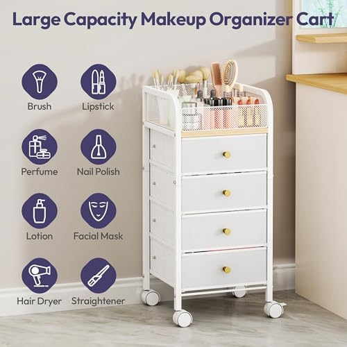 SWTYMIKI Rolling Makeup Organizer Cart - Under Desk Vanity Makeup Storage with 4 Non-woven Drawers, Nail Cart Organizer Cosmetic Display Cases Cabinet for Skin Care Perfume Nail Polish Brush Hair Tool - Image 6