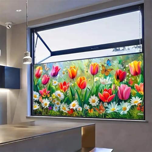 BlissYard Rainbow Flower Tulips Daisies Window Cling 39.3x17.7 Inch PVC - Image 5