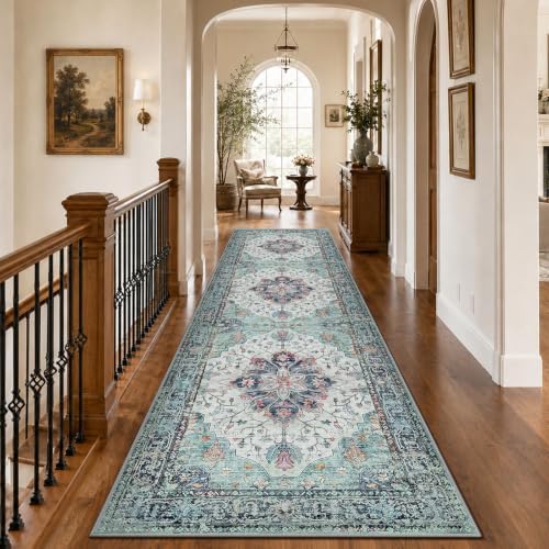 RELEANY Washable Area Rug, Runner 3'x10', Teal Green/White/Navy by RELEANY