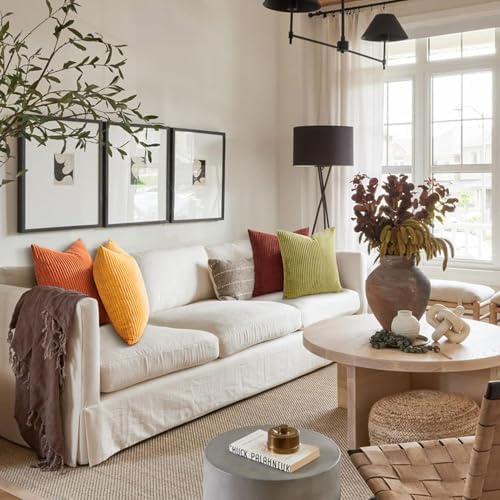 Topfinel Throw Pillow Cover 4pc Set - Multi Yellow Burnt Orange Combo - 22" x 22" Solid Cozy Corduroy Square Accent Decorative Cushion Case for Couch Sofa Chair Bed - Image 6