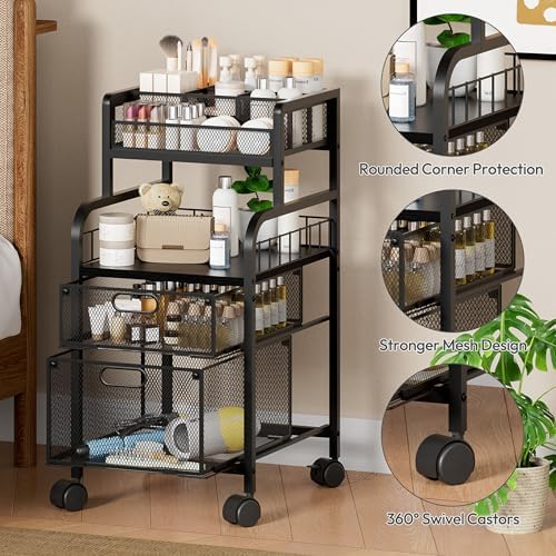 SWTYMIKI Rolling Cart with Drawers - Metal Craft Cart with Wheels, DIY Divider and Wood Shelf, Art Supply Organizer for Under Desk Storage, Utility Storage Cart for Home Office Studio, Black - Image 5