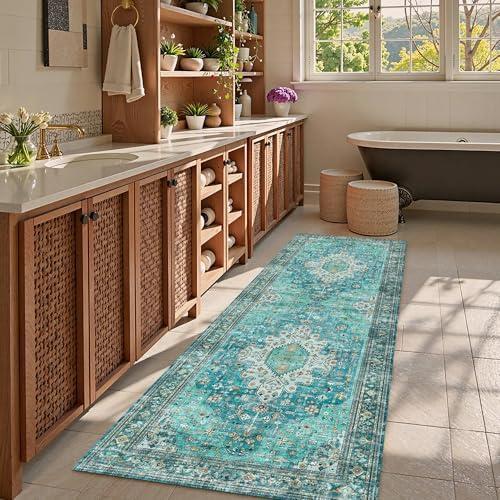 Washable Area Rug 2'6'' x 8' Vintage Traditional Persian Mat - Foldable Distressed Non-Slip Machine Washable Carpet for Living Room Bedroom Kitchen Home Decor - Teal and Gold - Image 2