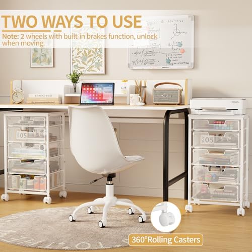 Sbanmao 5 Drawers Rolling Utility Cart, Storage Drawer Cart with Wooden Top, Rolling Storage Cart on Lockable Wheels, Metal Utility Cart & Craft Storage Cart for Bedroom, Classroom, Office, White - Image 5
