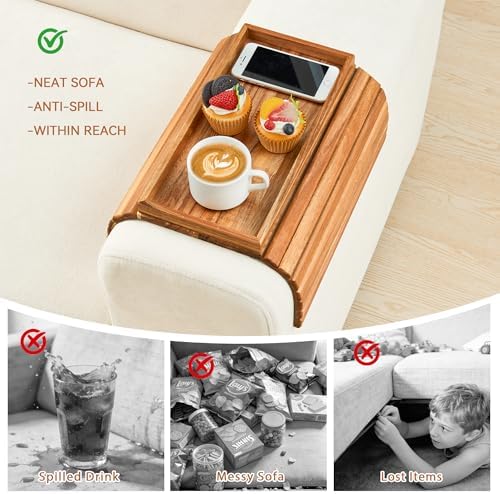GEHE Acacia Wood Sofa Arm Tray, Foldable Couch Arm Tray Side Table, Anti-Falling Armrest Tables Cup Holder for Snacks, Drinks, Beers, Phone, Control, Flexible and Portable, Anti-Slip - Image 2
